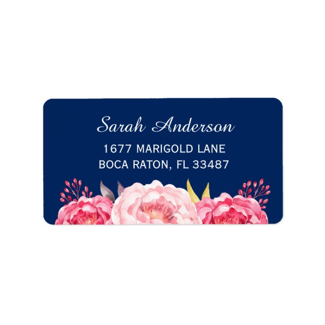 Étiquette Aquarelle Botanique Rose Fleurs Marine Bleu (Devant)