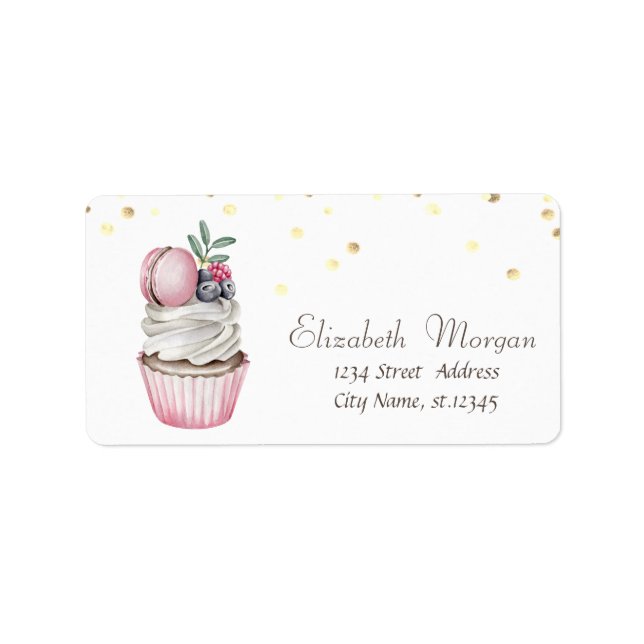 Étiquette Aquarelle Cupcake Macaron Confetti (Devant)