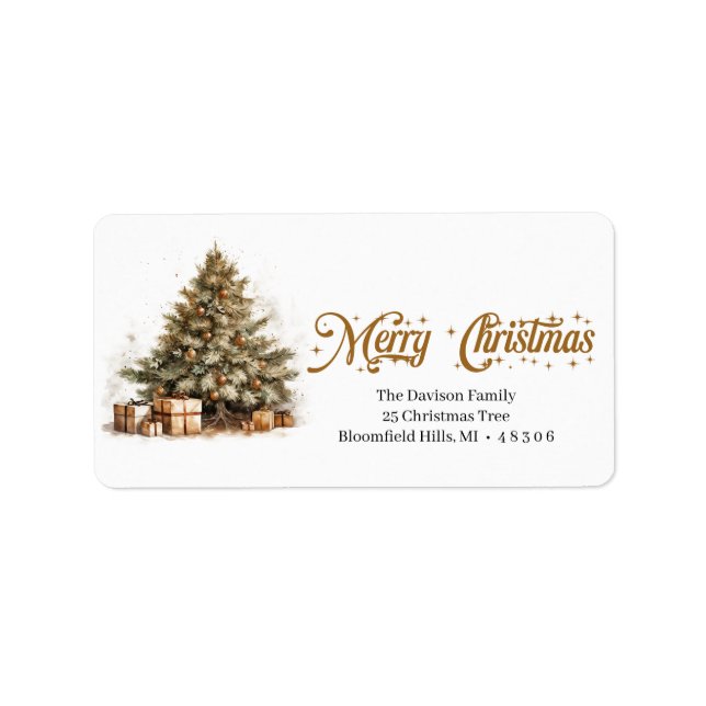 Étiquette Aquarelle de terre confortable arbre de Noël (Devant)