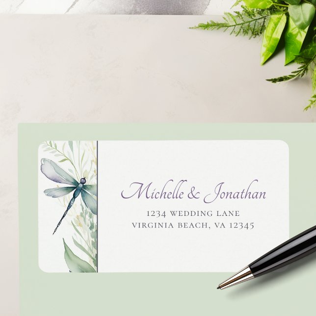 Étiquette Aquarelle Dragonfly and Greenery Adresse du Mariag (Watercolor Dragonfly and Greenery Wedding Address Label)