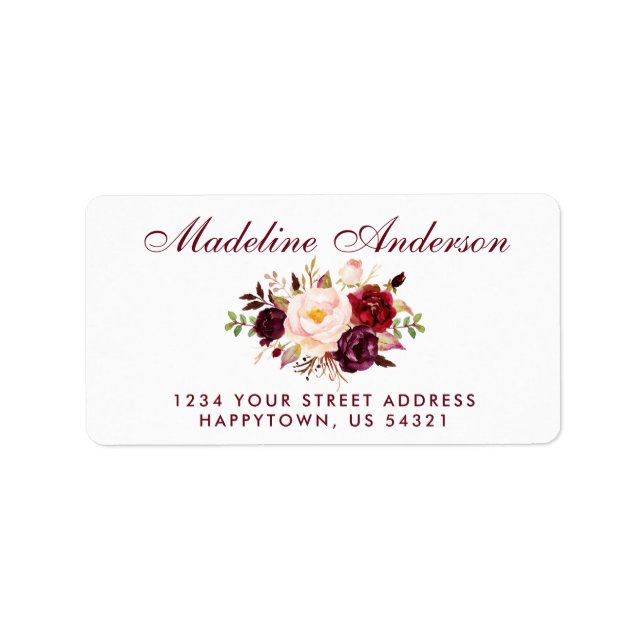 Étiquette Aquarelle Floral Bourgogne Adresse Script (Devant)