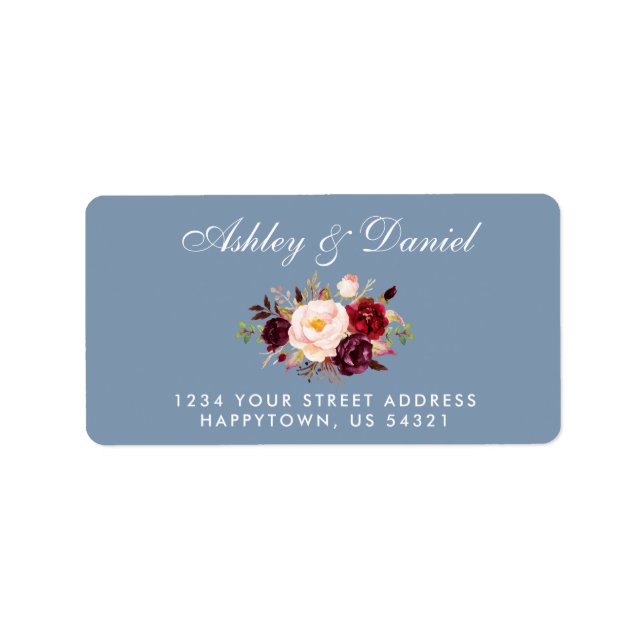 Étiquette Aquarelle Floral Bourgogne Dusty Mariage bleu (Devant)