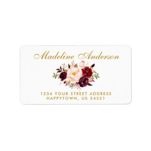 Étiquette Aquarelle Floral Bourgogne Gold Script Adresse