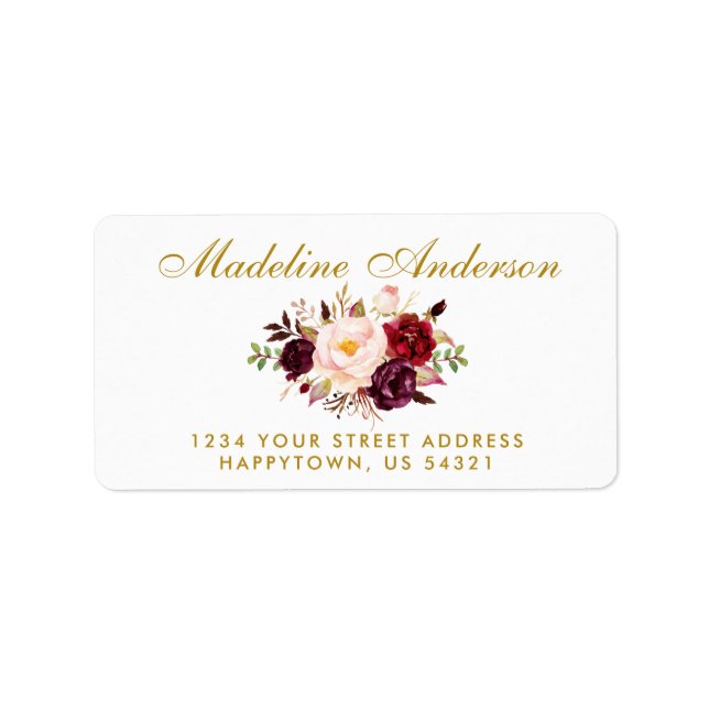 Étiquette Aquarelle Floral Bourgogne Gold Script Adresse (Devant)