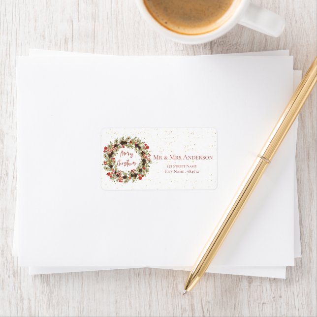 Étiquette Aquarelle mignonne Baies rouges Wreath Joyeux Noël (En situation)