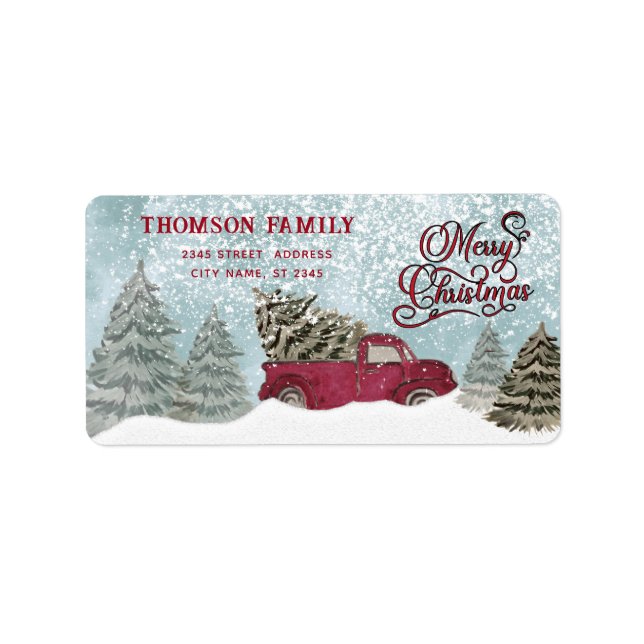 Étiquette Aquarelle Semelle d'hiver camion rouge Noël (Devant)
