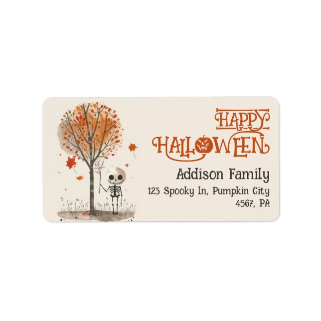 Étiquette Aquarelle Skeleton Happy Halloween mignonne Adress (Devant)