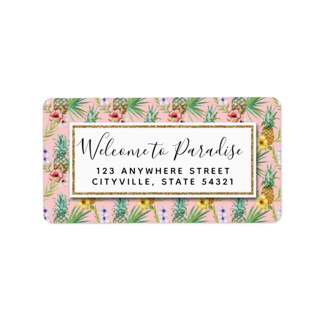 Étiquette Aquarelle Tropicale Ananas & Hibiscus Fleurs (Devant)