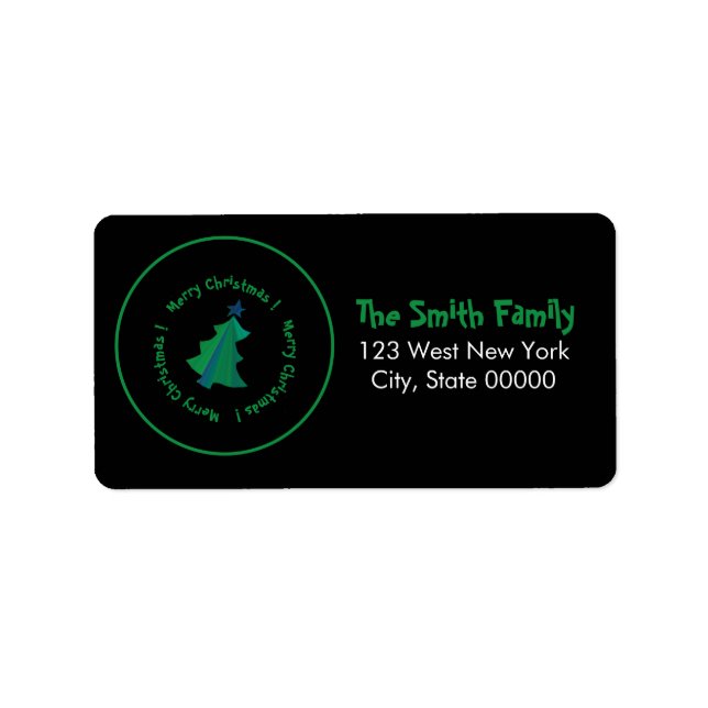 Étiquette Arbre de Noël bleu vert moderne en noir (Devant)