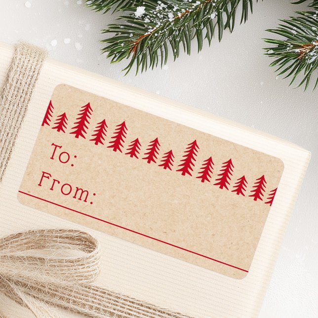 Étiquette Arbres de Noël mignons minimalistes impression Kra (Minimal cute Christmas trees red Kraft print Label)