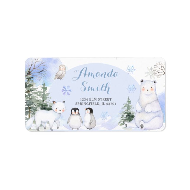 Étiquette ARCTIQUE ANIMAL Snowflakes Arbres Baby shower Adre (Devant)
