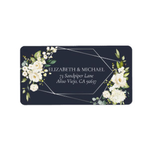 Étiquette Argent Géométrique Bleu Blanc Adresse Florale