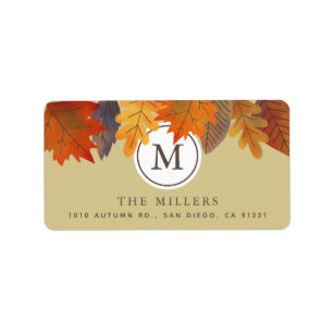 Étiquette Automne Feuilles Khaki Monogramme Adresse