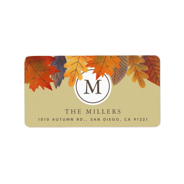 Étiquette Automne Feuilles Khaki Monogramme Adresse (Devant)