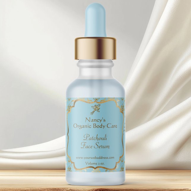 Étiquette Baby Blue gold foil damask dropper bottle label (Créateur téléchargé)
