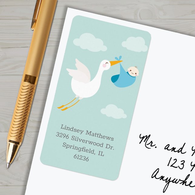 Étiquette Baby shower Bundle Blue Stork Adresse de retour (Blue stork bundle boy baby shower return address labels)