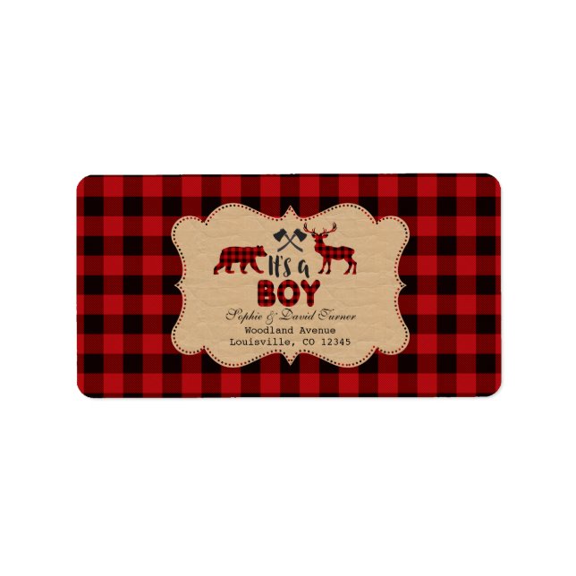 Étiquette Baby shower chic de bison rouge de bison de bûcher (Devant)