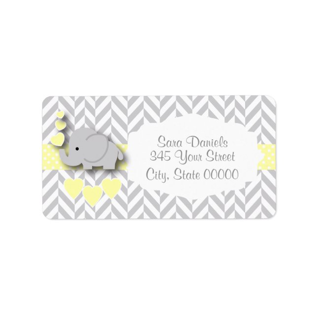 Étiquette Baby shower d'éléphant jaune, blanc et gris (Devant)