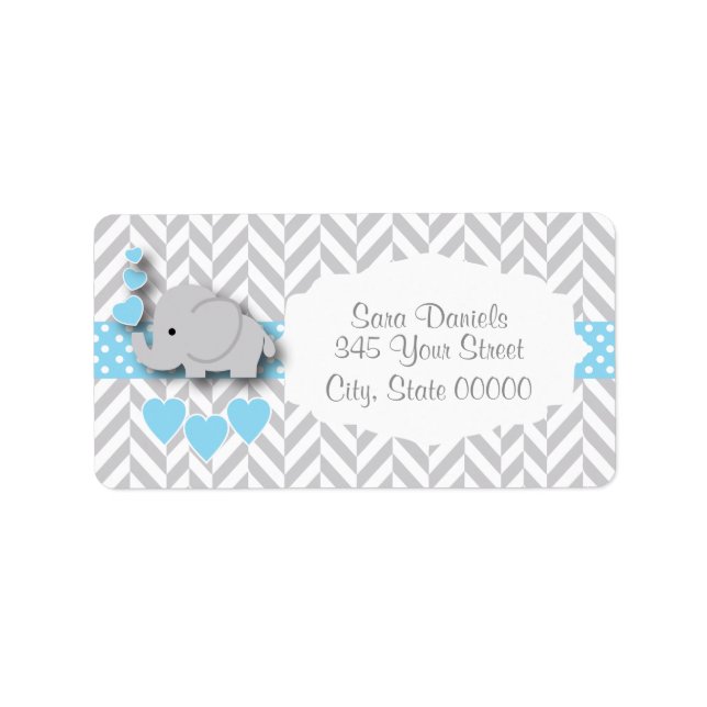 Étiquette Baby shower éléphant bleu, blanc et gris pour bébé (Devant)