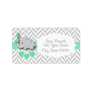 Étiquette Baby shower vert, blanc et gris d'éléphant