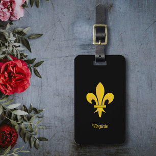 Étiquette bagage noire avec Fleur de Lys Or