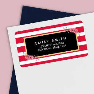 Étiquette Bandes chic rose et blanc avec aquarelle Florale