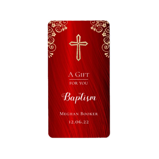 Étiquette Baptême personnalisé Sanitizer à main rouge or (Devant)