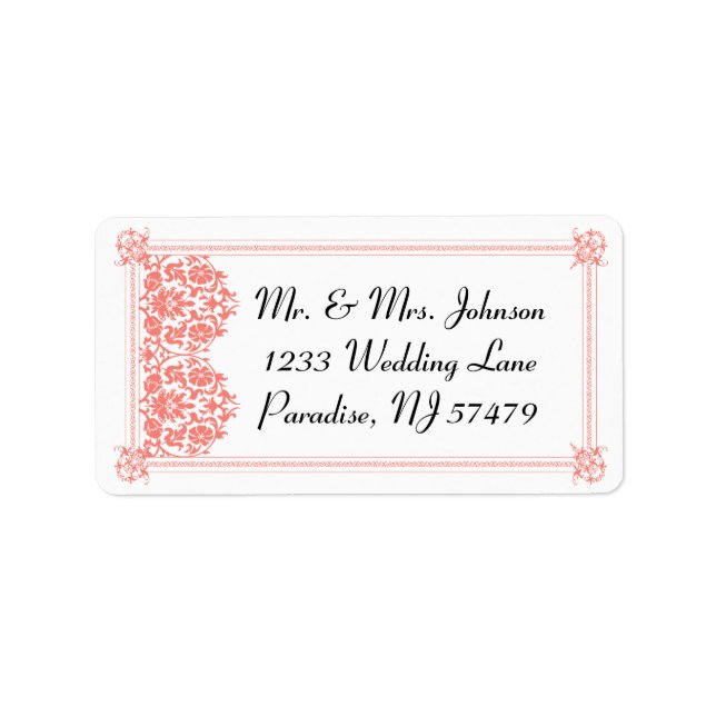 Étiquette Beau corail Damask & Mariage blanc - Adresse (Devant)