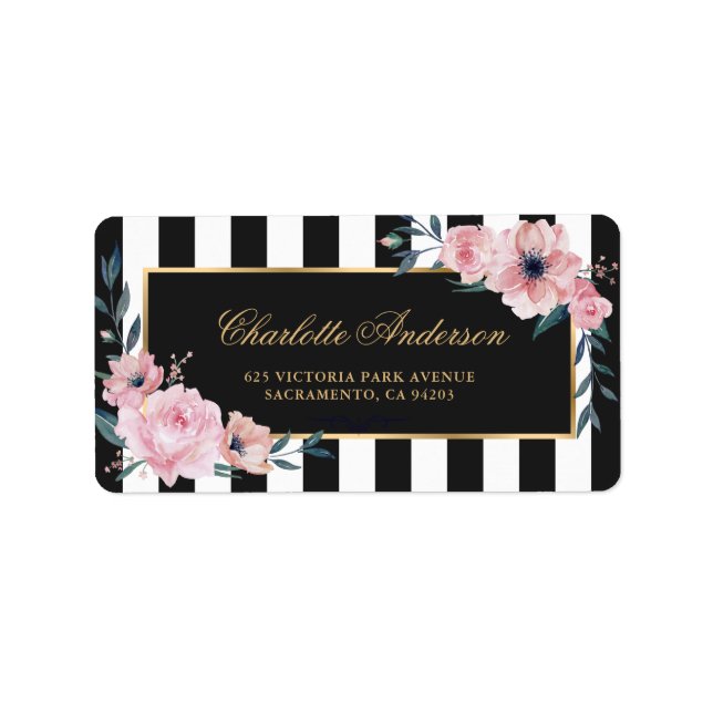 Étiquette Belle aquarelle rose florale noir rayures (Devant)