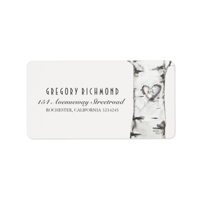 Étiquette Birch Tree Rustic Carved Heart Mariage (Devant)