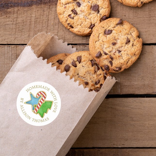 Étiquette Biscuits de Noël Faits Maison avec Amour (Christmas watercolor cookies cute colorful round sticker. "Homemade with Love")