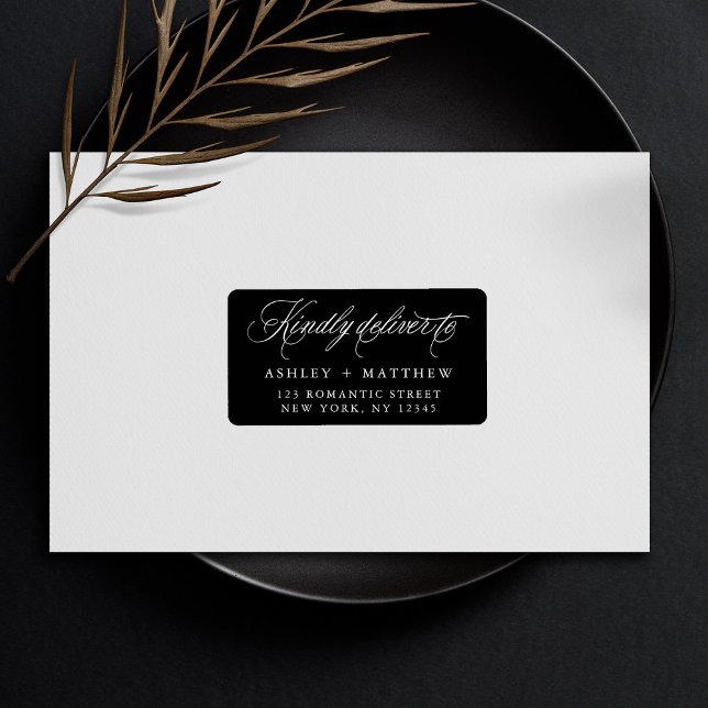 Étiquette Black Romantic Tourbillonnant Calligraphie Adresse (Créateur téléchargé)