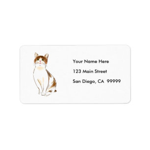 Étiquette Blanc de couleur d'eau et chat orange de regarder