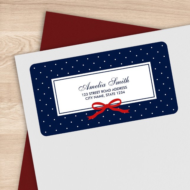 Étiquette Bleu avec point Polka blanc et adresse ruban rouge (Créateur téléchargé)