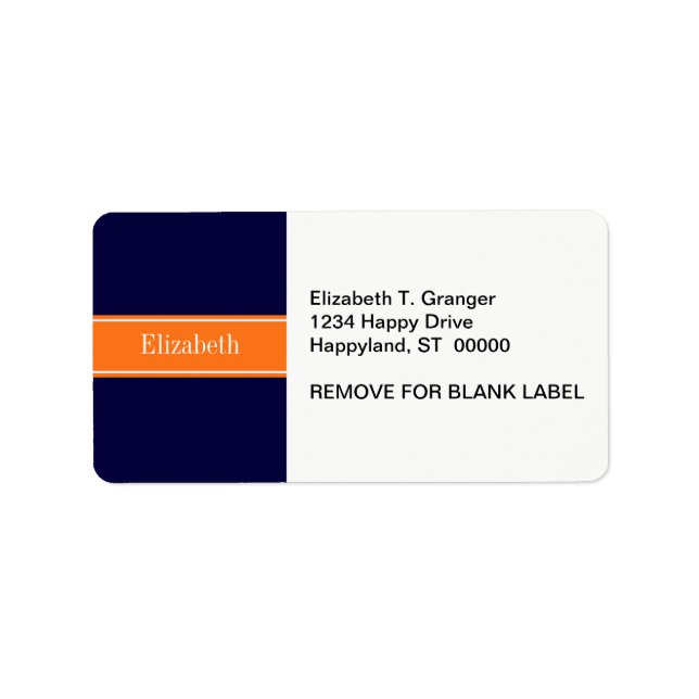 Étiquette Bleu de marine solide,  Citrouille Nom Monogramme (Devant)