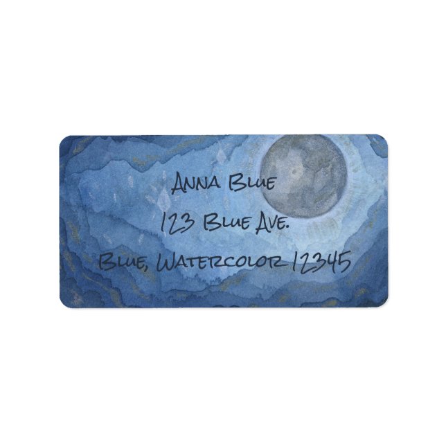Étiquette Bleu Lune Aquarelle Nuit Ciel Espace Unique (Devant)