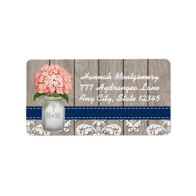 Étiquette Bleu marine et corail Hydrangea Monogram Mason Jar (Devant)