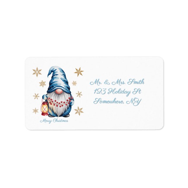 Étiquette Blue Christmas Gnome with Red Lantern Berries (Devant)