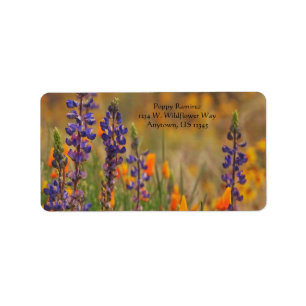 Étiquette Blue Desert Lupine Fleurs Orange Poppies adresse