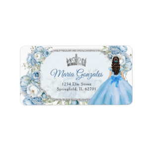 Étiquette Blue Floral Argent Couronne Quinceañera Adresse