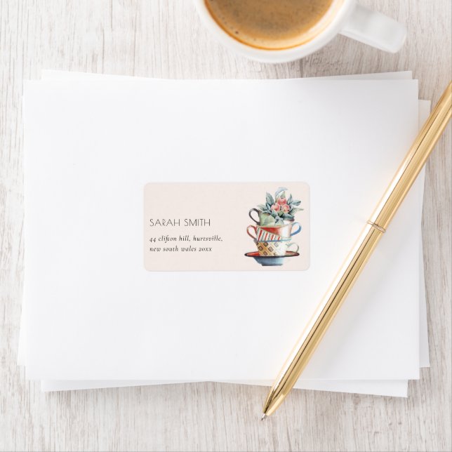 Étiquette Blush Pastel tasses empilées Floral Tea Party Adre (En situation)