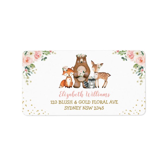 Étiquette Blush Pink Woodland Animaux Floral Adresse de reto (Devant)
