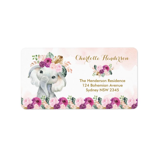 Étiquette Boho Elephant Blush Purple Floral Animal sauvage (Devant)