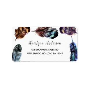 Étiquette Boho Style Watercolor Feathers Adresse de retour