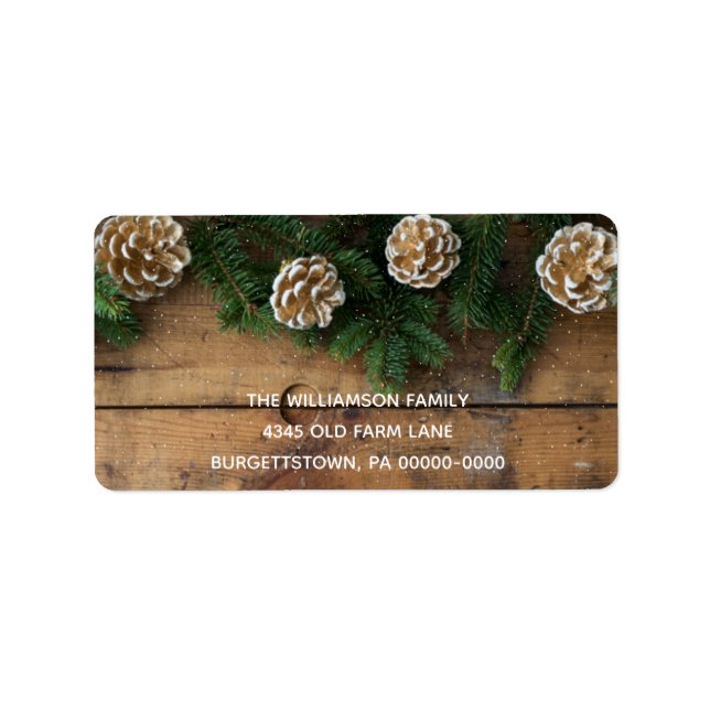 Étiquette Bois rustique Noël Vert Pin & Pinecones (Devant)