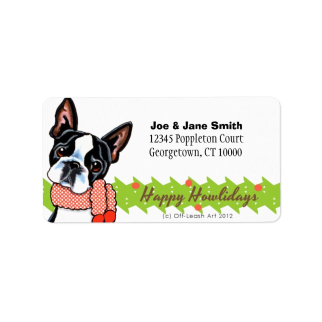 Étiquette Boston Terrier Joyeux Howlidays Noël (Devant)