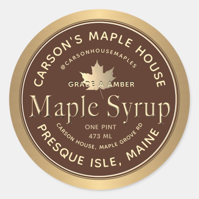 Étiquette Brown de sirop d'érable avec bordure or  (Devant)