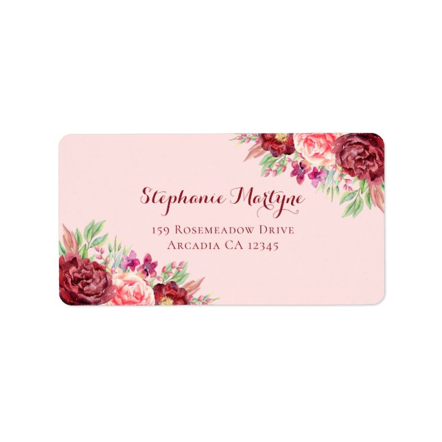 Étiquette Burgundy Blush Moderne Aquarelle Florale (Devant)