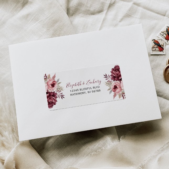 Étiquette Burgundy Dusty Rose Floral Wedding Adresse RSVP (Créateur téléchargé)