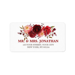 Étiquette Burgundy Marsala Red Roses Floral Mariage Adresse